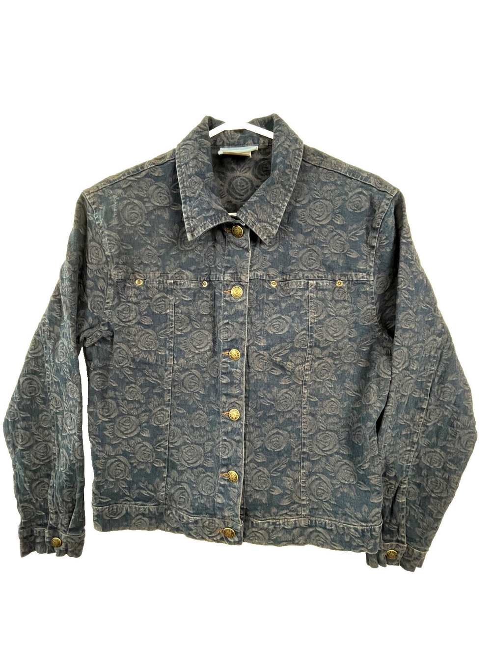 Floral Denim Jacket Womens M Blue Stretch Jean Jacket Rose Pattern Crop Seasons